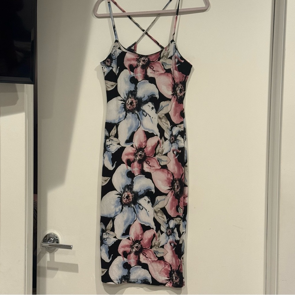Fashion Nova Floral Midi Dress - Black, Pink, Blue